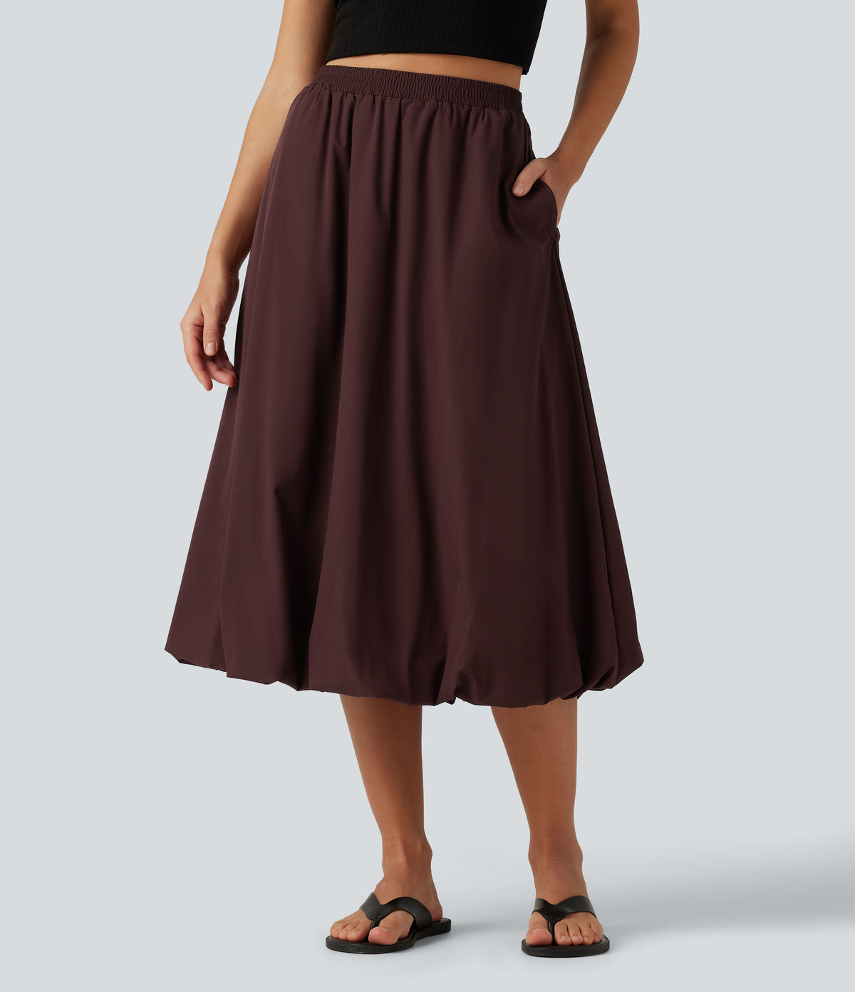 High Waisted A-Line Midi Casual Skirt with Pockets — Decadent Chocolate — view 1