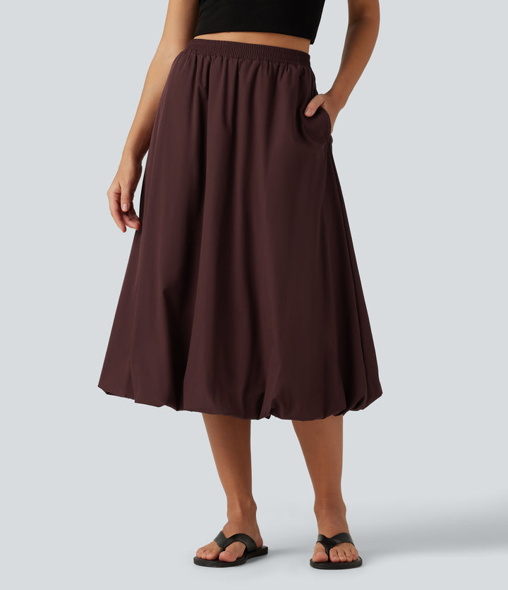 High Waisted A-Line Midi Casual Skirt with Pockets — Decadent Chocolate — view 1