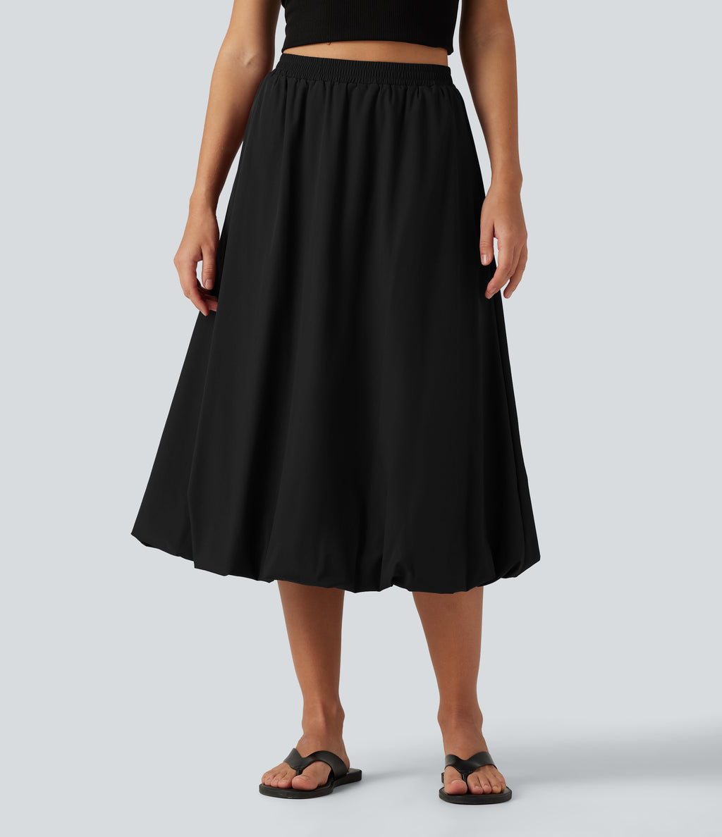 High Waisted A-Line Midi Casual Skirt with Pockets — Black — view 6
