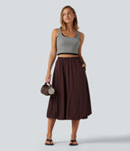High Waisted A-Line Midi Casual Skirt with Pockets — Decadent Chocolate — view 5