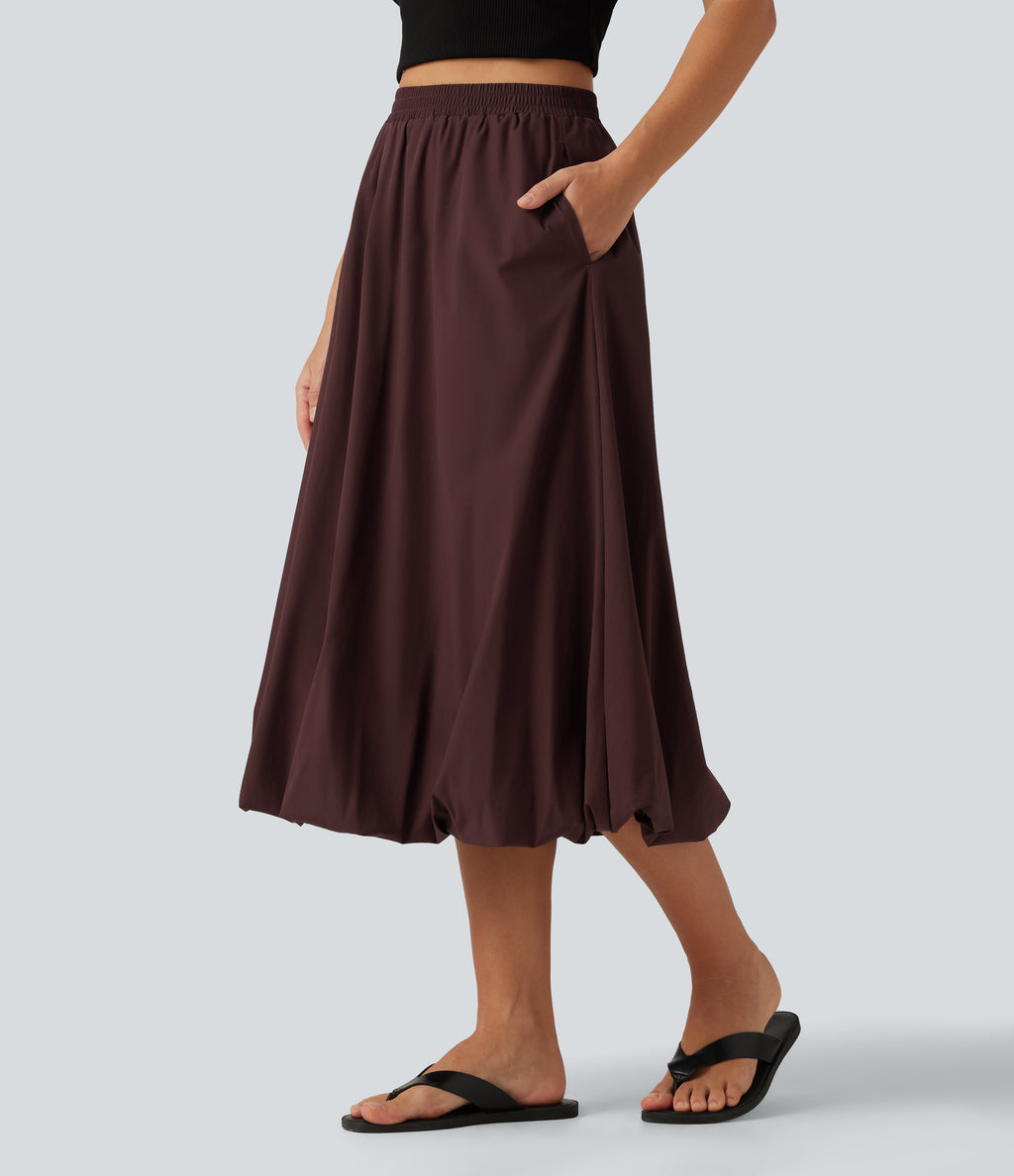 High Waisted A-Line Midi Casual Skirt with Pockets — Decadent Chocolate — view 3