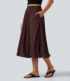 High Waisted A-Line Midi Casual Skirt with Pockets — Decadent Chocolate — view 3