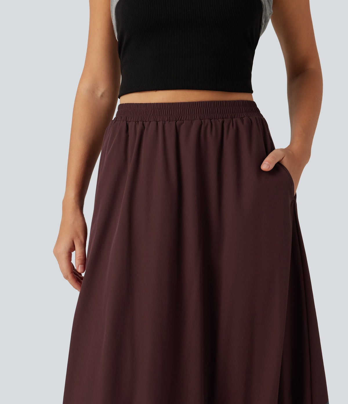 High Waisted A-Line Midi Casual Skirt with Pockets — Decadent Chocolate — view 4