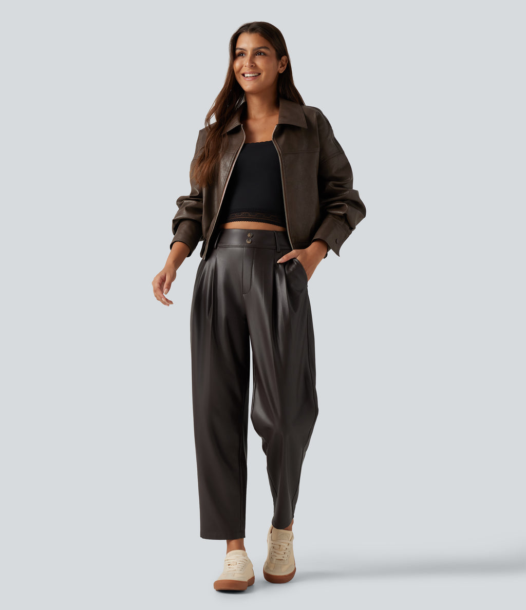 High Waisted Tapered Stretchy PU Fleece Casual Trousers with Pockets — Hot Fudge — view 6