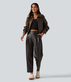 High Waisted Tapered Stretchy PU Fleece Casual Trousers with Pockets — Hot Fudge — view 6
