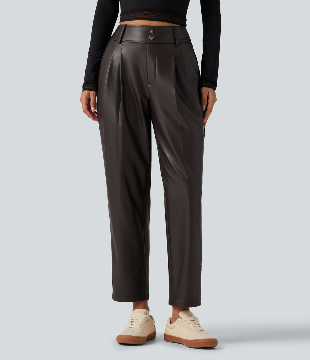 High Waisted Tapered Stretchy PU Fleece Casual Trousers with Pockets — Hot Fudge — view 3