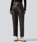 High Waisted Tapered Stretchy PU Fleece Casual Trousers with Pockets — Hot Fudge — view 3