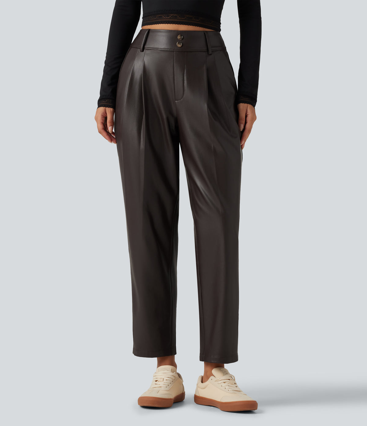 High Waisted Tapered Stretchy PU Fleece Casual Trousers with Pockets — Hot Fudge — view 3