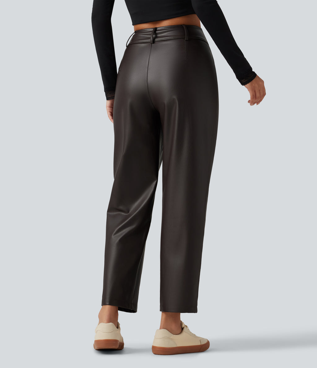 High Waisted Tapered Stretchy PU Fleece Casual Trousers with Pockets — Hot Fudge — view 2