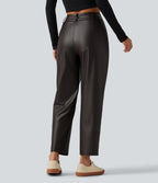High Waisted Tapered Stretchy PU Fleece Casual Trousers with Pockets — Hot Fudge — view 2