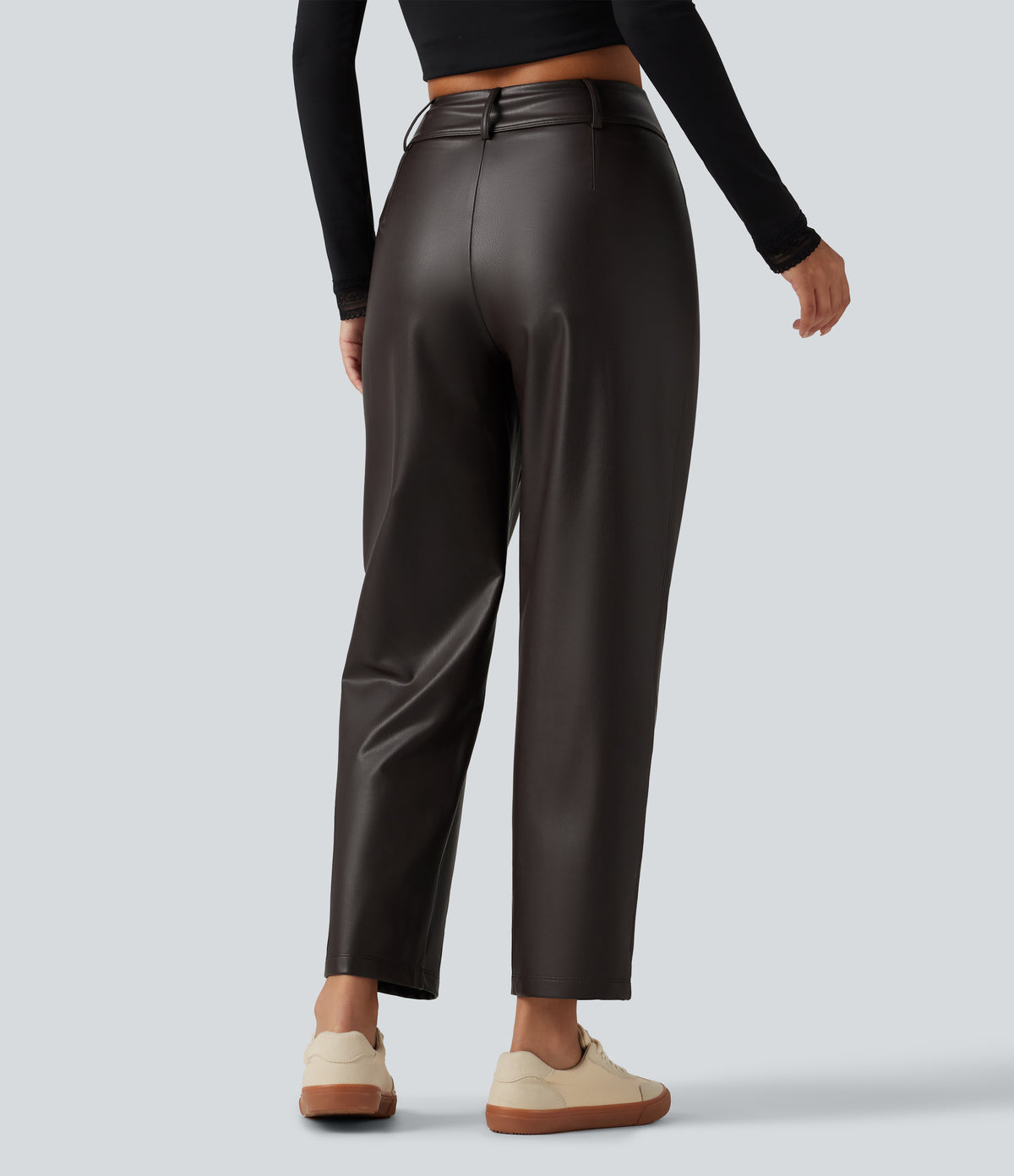 High Waisted Tapered Stretchy PU Fleece Casual Trousers with Pockets — Hot Fudge — view 2