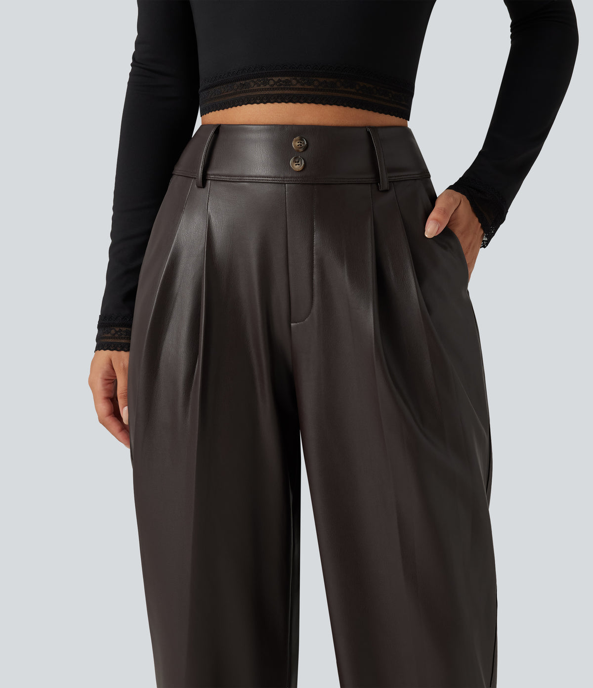 High Waisted Tapered Stretchy PU Fleece Casual Trousers with Pockets — Hot Fudge — view 4