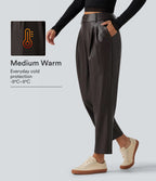 High Waisted Tapered Stretchy PU Fleece Casual Trousers with Pockets — Hot Fudge — view 1
