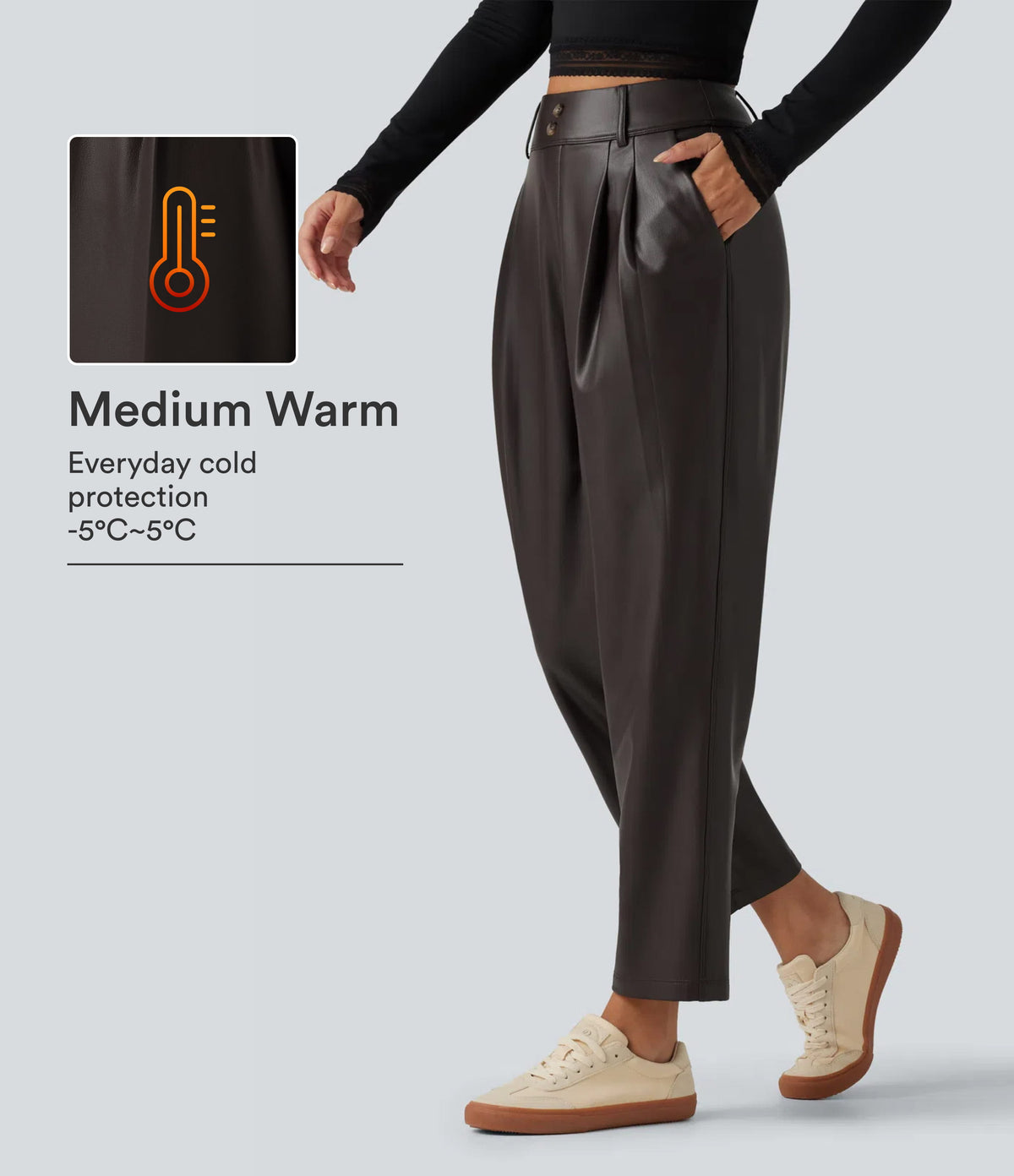 High Waisted Tapered Stretchy PU Fleece Casual Trousers with Pockets — Hot Fudge — view 1