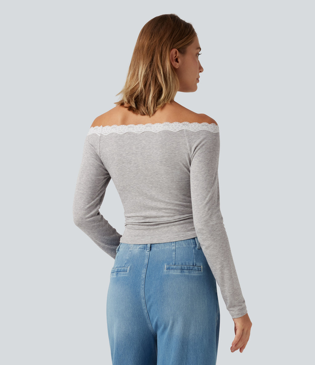 Ribbed Off Shoulder Long Sleeve Ruched Contrast Lace Casual Top — Fog Gray — view 2