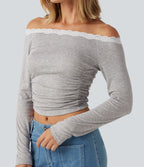 Ribbed Off Shoulder Long Sleeve Ruched Contrast Lace Casual Top — Fog Gray — view 5