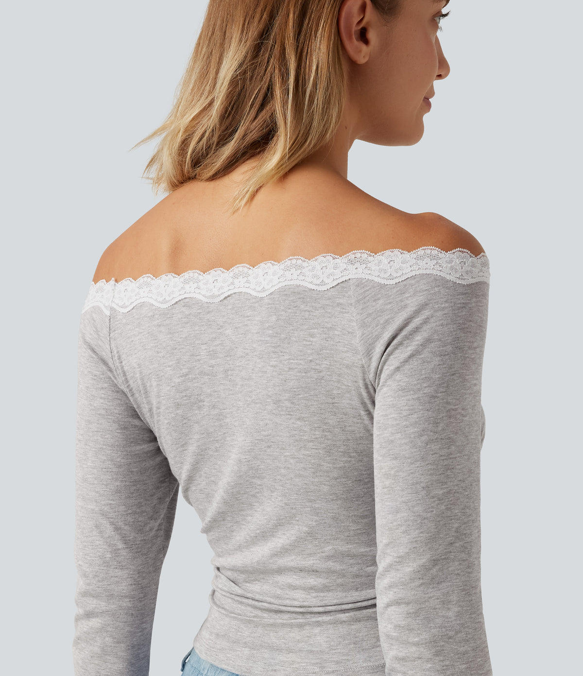 Ribbed Off Shoulder Long Sleeve Ruched Contrast Lace Casual Top — Fog Gray — view 6