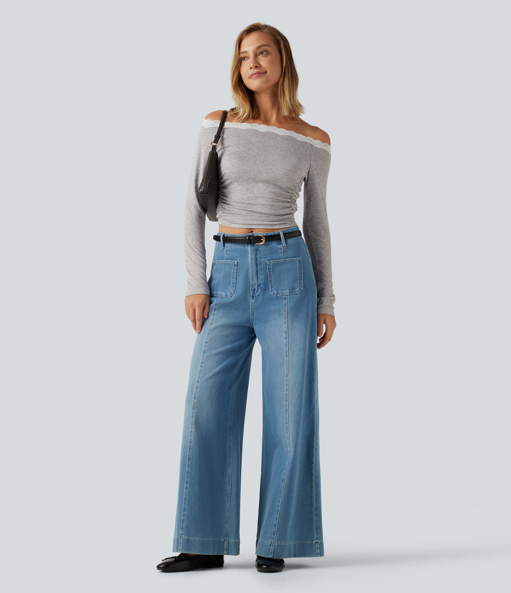Ribbed Off Shoulder Long Sleeve Ruched Contrast Lace Casual Top — Fog Gray — view 7