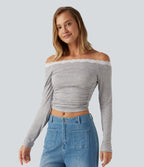 Ribbed Off Shoulder Long Sleeve Ruched Contrast Lace Casual Top — Fog Gray — view 3