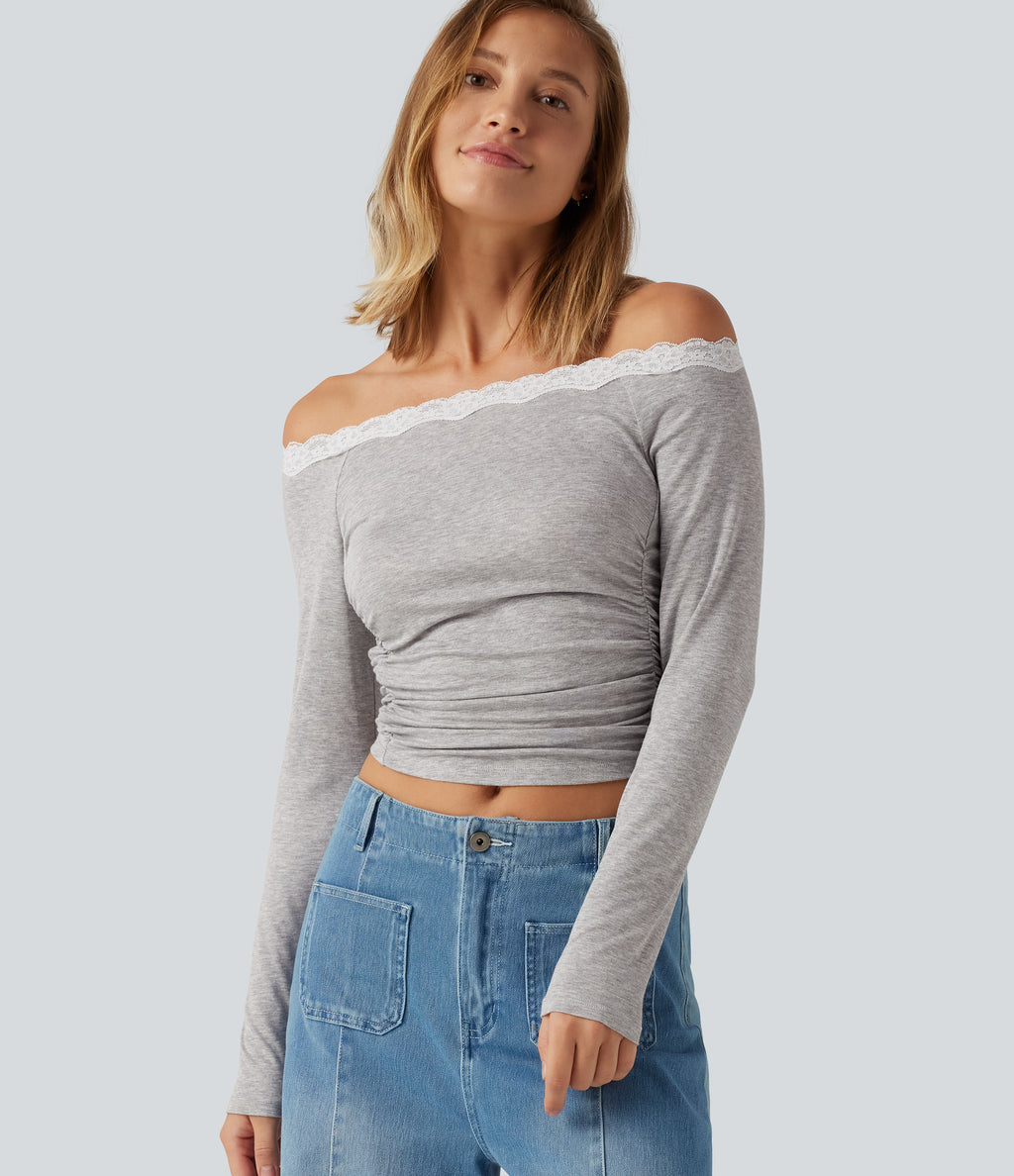 Ribbed Off Shoulder Long Sleeve Ruched Contrast Lace Casual Top — Fog Gray — view 1