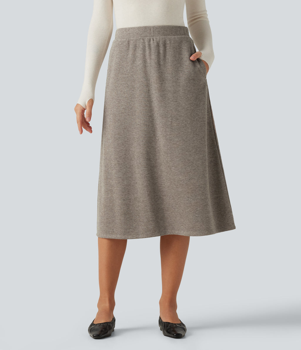 Ribbed High Waisted A-Line Midi Casual Skirt with Pockets — Taupe Stripe — view 1