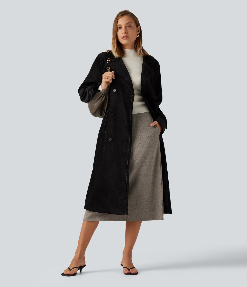 Ribbed High Waisted A-Line Midi Casual Skirt with Pockets — Taupe Stripe — view 5