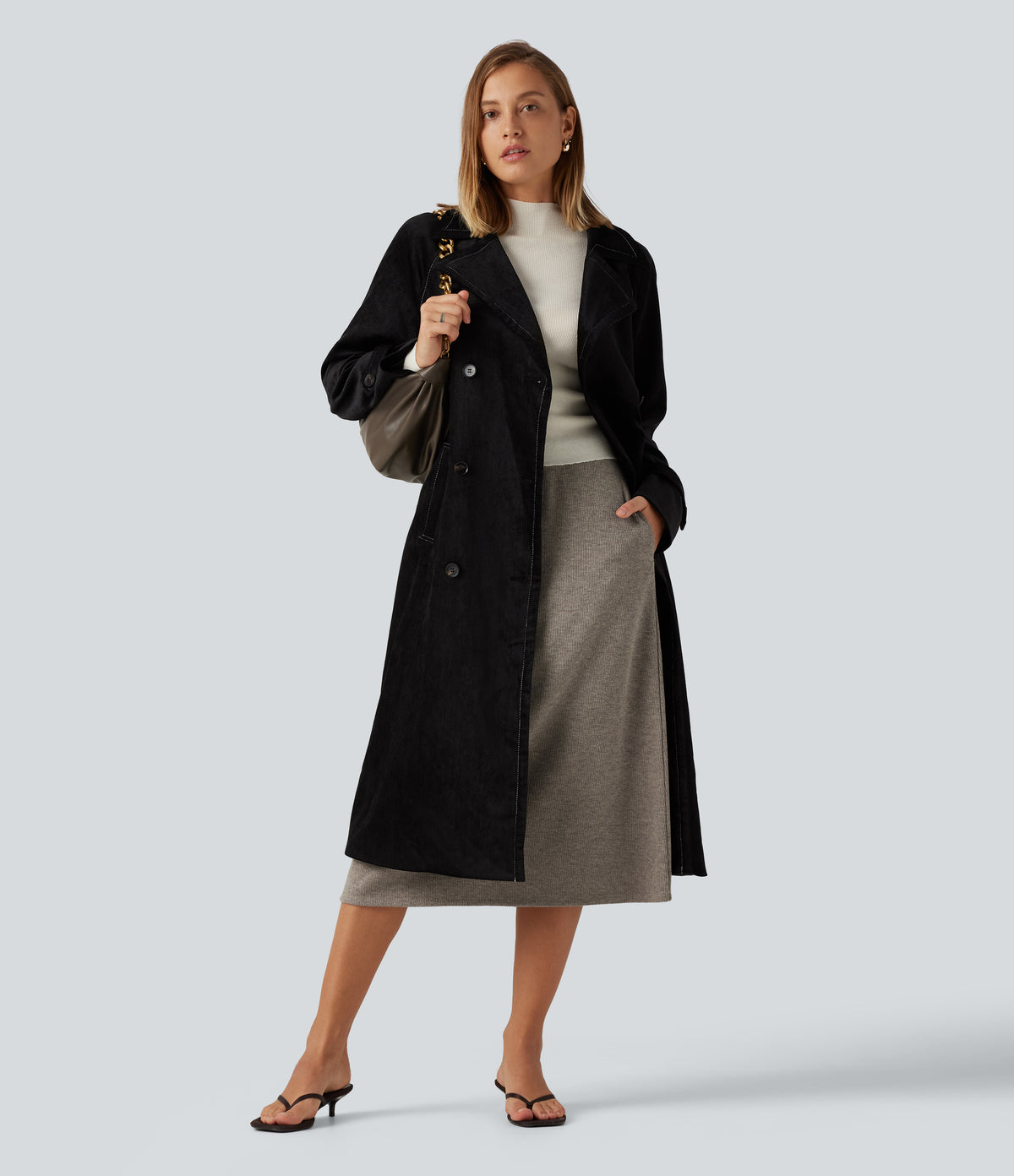 Ribbed High Waisted A-Line Midi Casual Skirt with Pockets — Taupe Stripe — view 5
