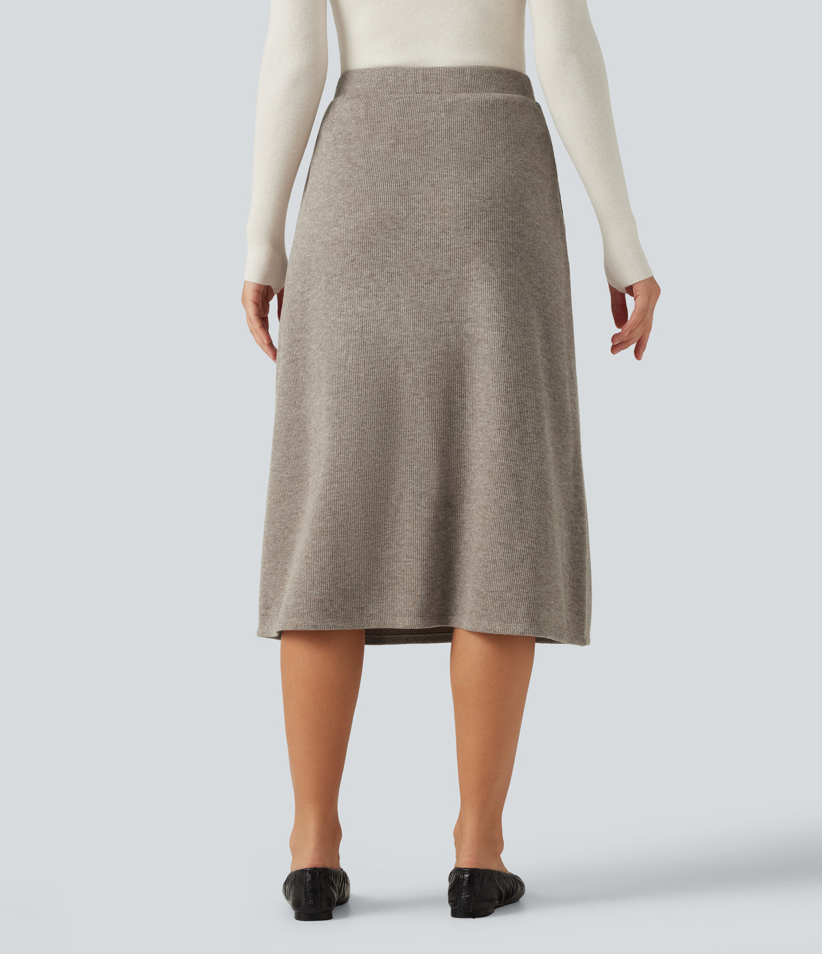 Ribbed High Waisted A-Line Midi Casual Skirt with Pockets — Taupe Stripe — view 2
