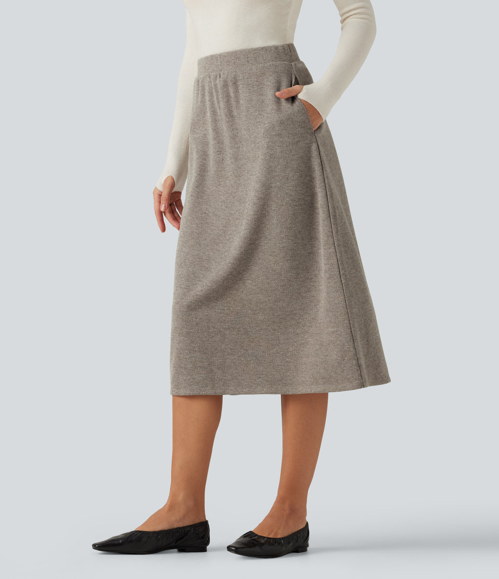 Ribbed High Waisted A-Line Midi Casual Skirt with Pockets — Taupe Stripe — view 3