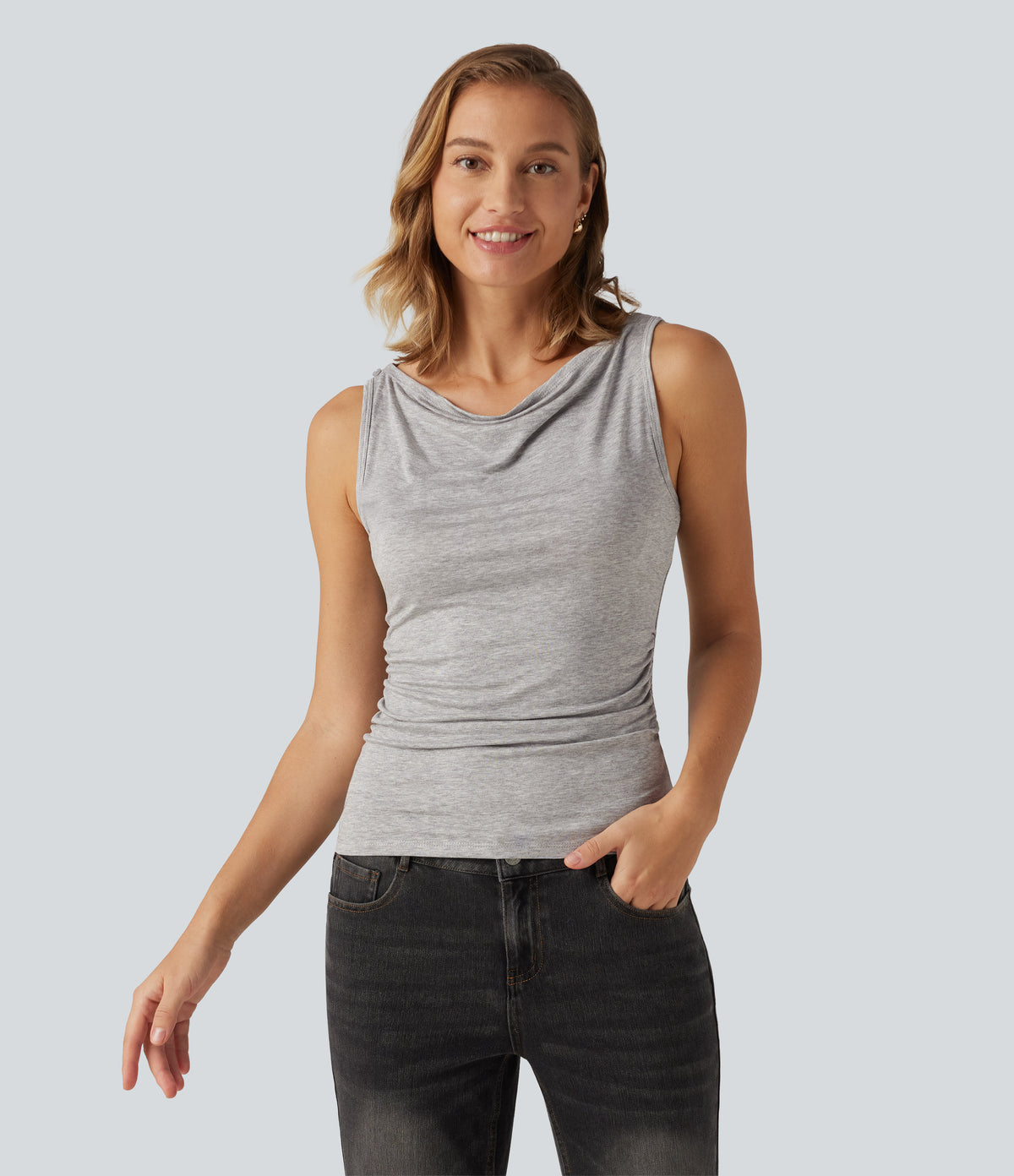 Ribbed Short Sleeve Asymmetric Casual Top — Fog Gray — view 5