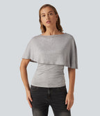 Ribbed Short Sleeve Asymmetric Casual Top — Fog Gray — view 4