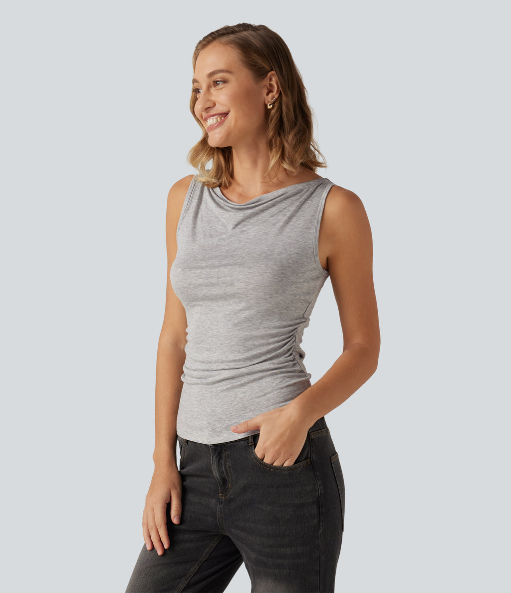 Ribbed Short Sleeve Asymmetric Casual Top — Fog Gray — view 7