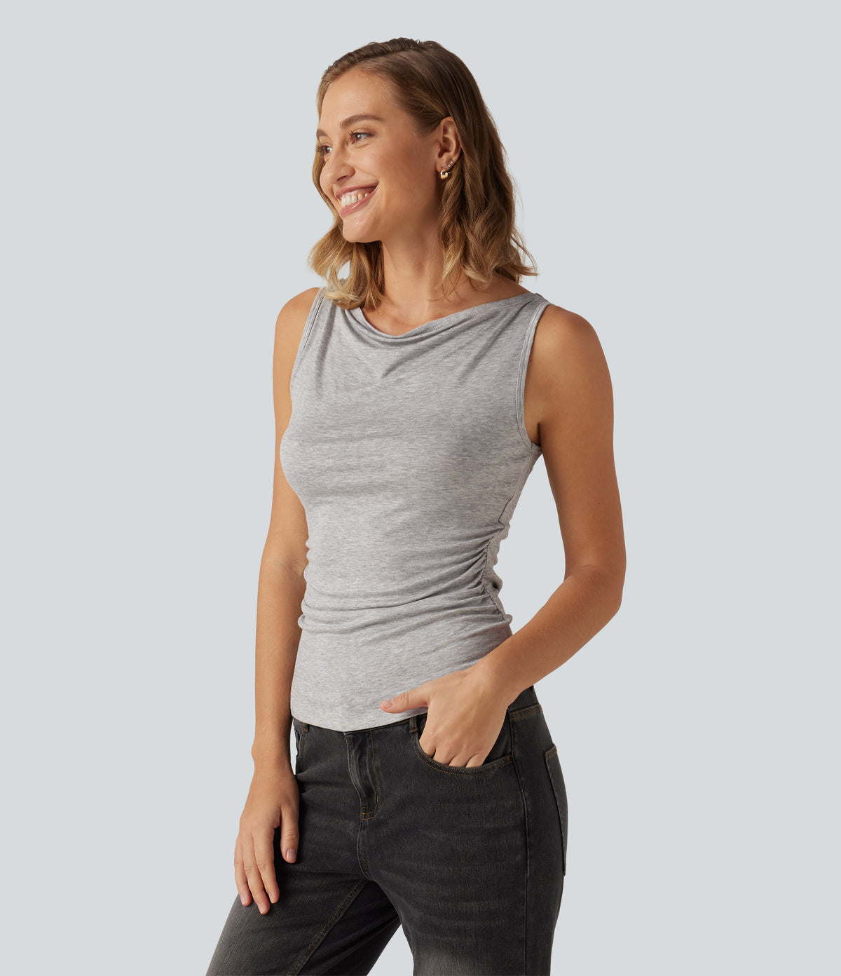 Ribbed Short Sleeve Asymmetric Casual Top — Fog Gray — view 7