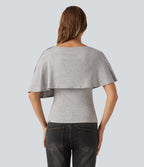Ribbed Short Sleeve Asymmetric Casual Top — Fog Gray — view 2