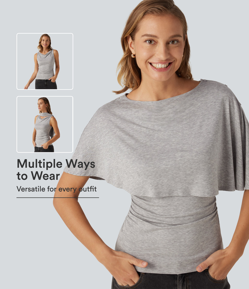 Ribbed Short Sleeve Asymmetric Casual Top — Fog Gray — view 1