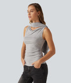 Ribbed Short Sleeve Asymmetric Casual Top — Fog Gray — view 8