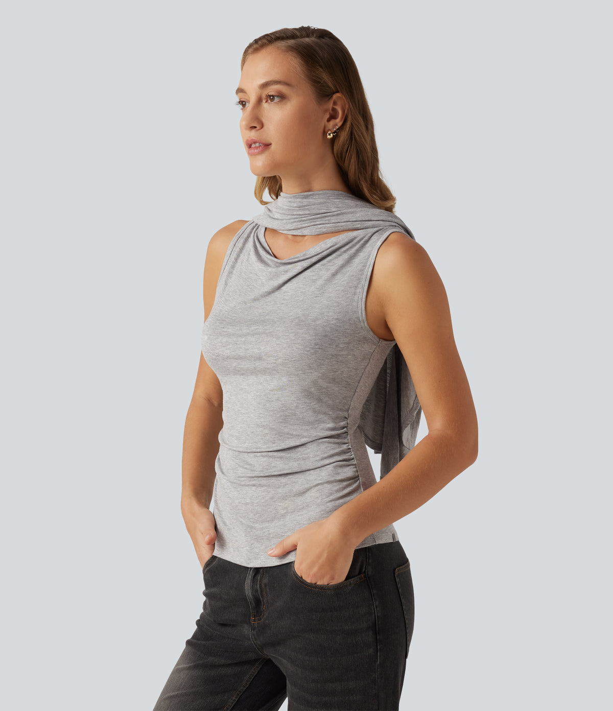 Ribbed Short Sleeve Asymmetric Casual Top — Fog Gray — view 8