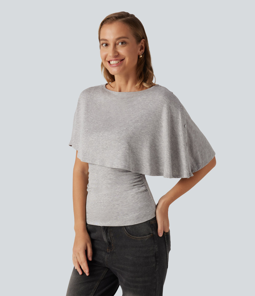 Ribbed Short Sleeve Asymmetric Casual Top — Fog Gray — view 3