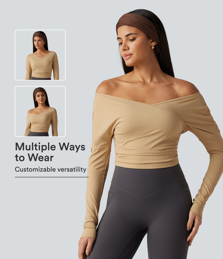 Airy V Neck Long Sleeve Ruched Crossover InstantCool Yoga Sports Top — Curds & Whey — view 1