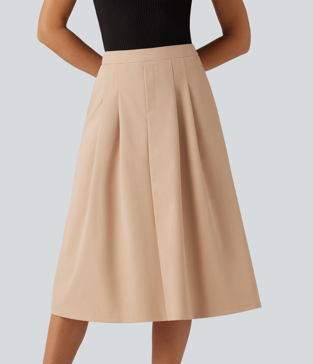 High Waisted A-Line Midi Work Skirt with Pockets — Candied Ginger — view 5