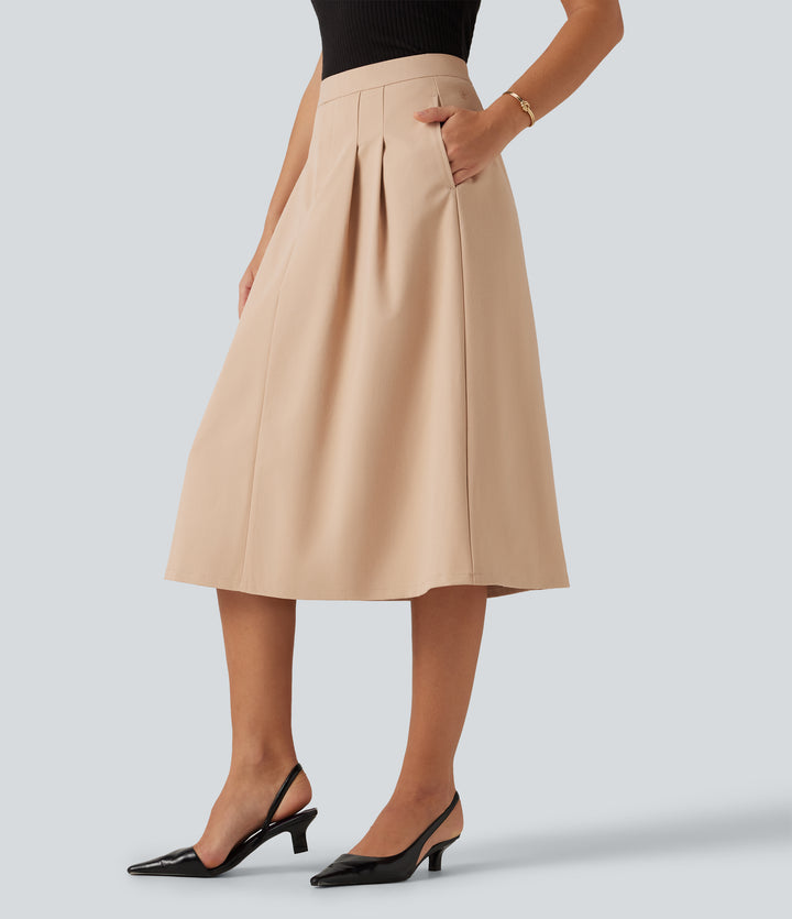 High Waisted A-Line Midi Work Skirt with Pockets — Candied Ginger — view 1