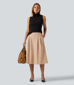 High Waisted A-Line Midi Work Skirt with Pockets — Candied Ginger — view 4