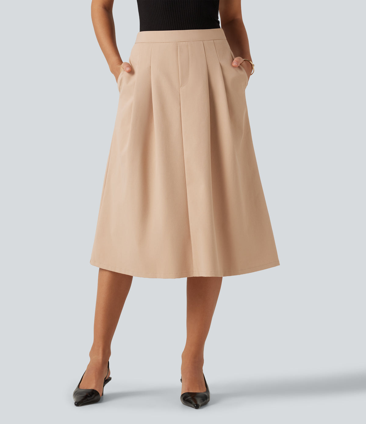 High Waisted A-Line Midi Work Skirt with Pockets — Candied Ginger — view 3