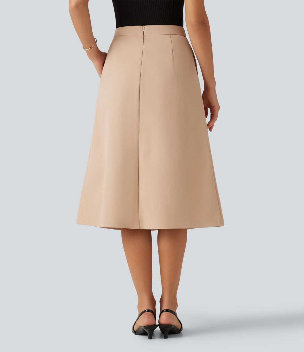High Waisted A-Line Midi Work Skirt with Pockets — Candied Ginger — view 2