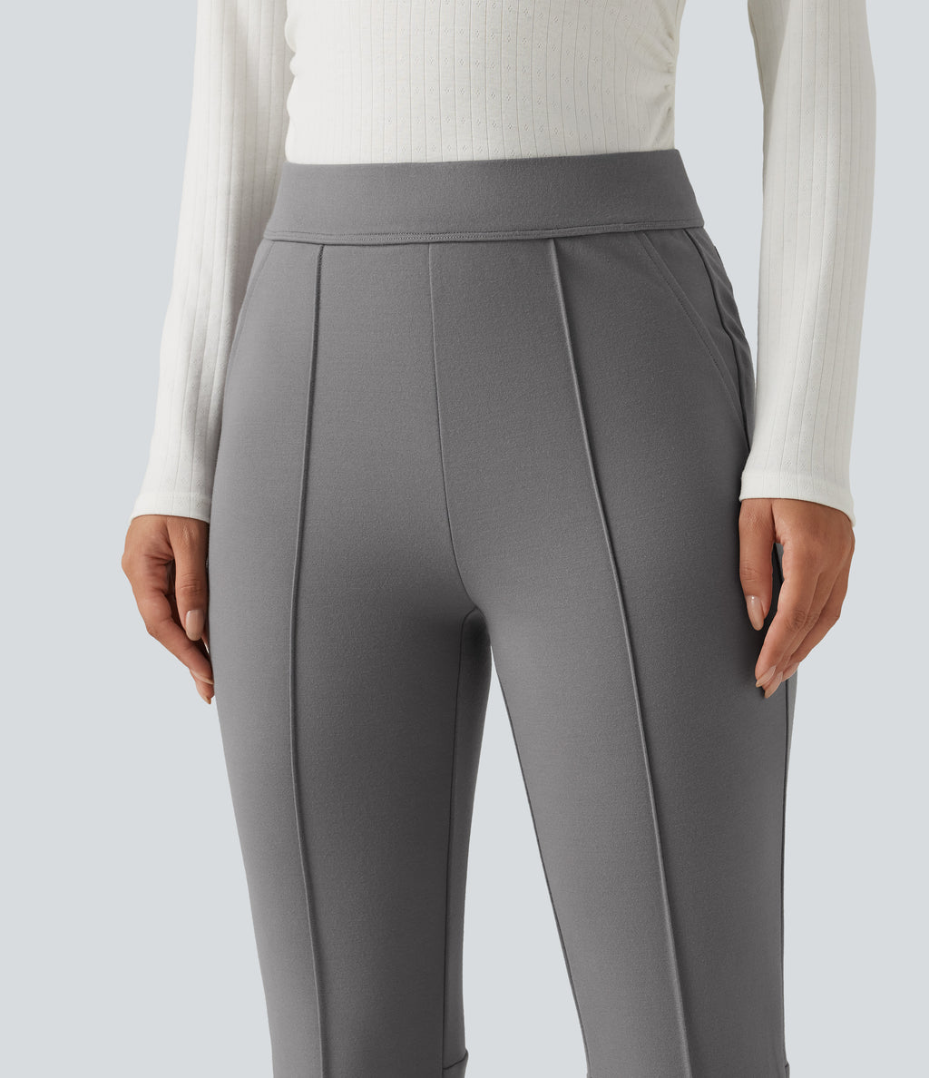 High Waisted Pintuck Bootcut Work Trousers with Pockets — Putty Gray — view 4