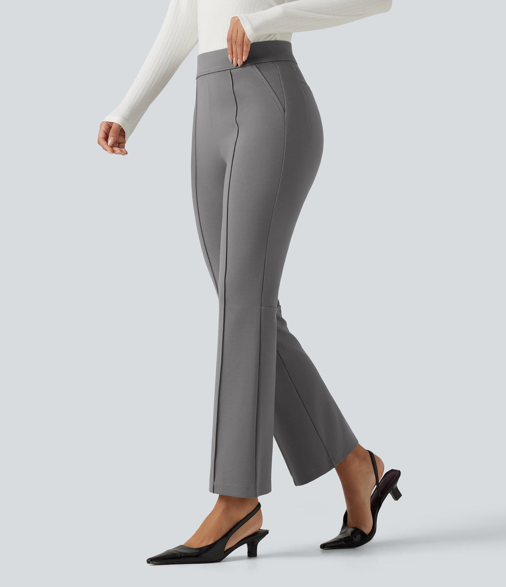 High Waisted Pintuck Bootcut Work Trousers with Pockets — Putty Gray — view 1