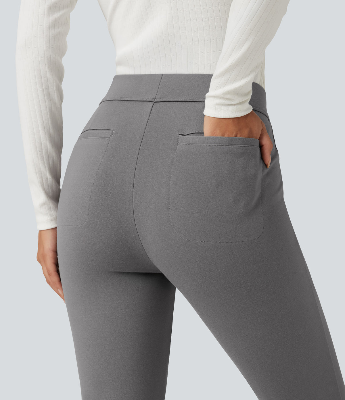 High Waisted Pintuck Bootcut Work Trousers with Pockets — Putty Gray — view 5