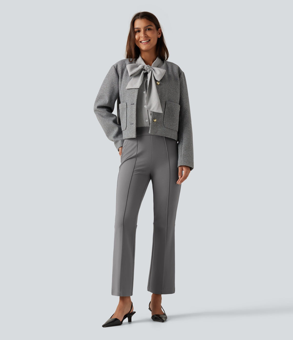 High Waisted Pintuck Bootcut Work Trousers with Pockets — Putty Gray — view 8