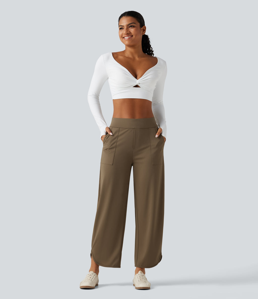 High Waisted Barrel Leg Curved Hem Quick Dry Dance Trousers with Pockets-UPF40+ — Shitake — view 7