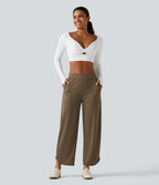 High Waisted Barrel Leg Curved Hem Quick Dry Dance Trousers with Pockets-UPF40+ — Shitake — view 7